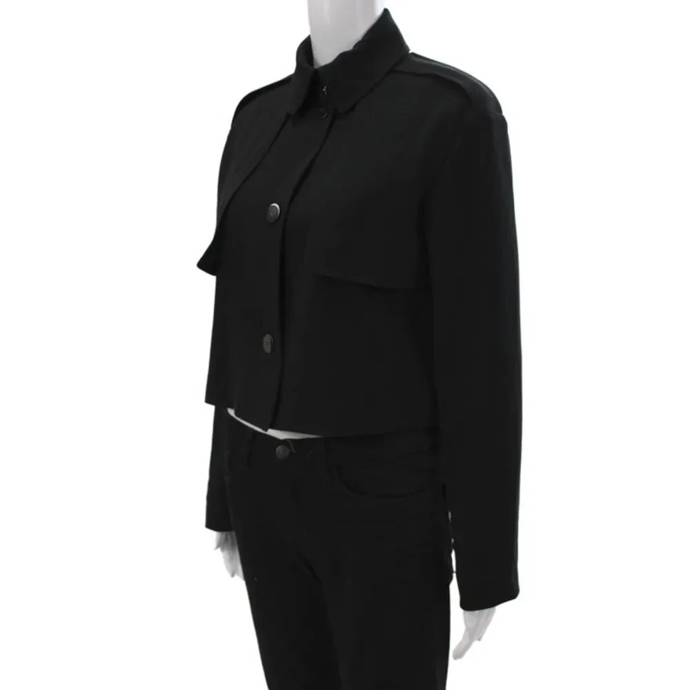 Theory Womens Trench Coat Black Collared Button Long Sleeve Petite Size S